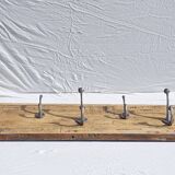 Teak coat rack with 10 double cast iron hooks