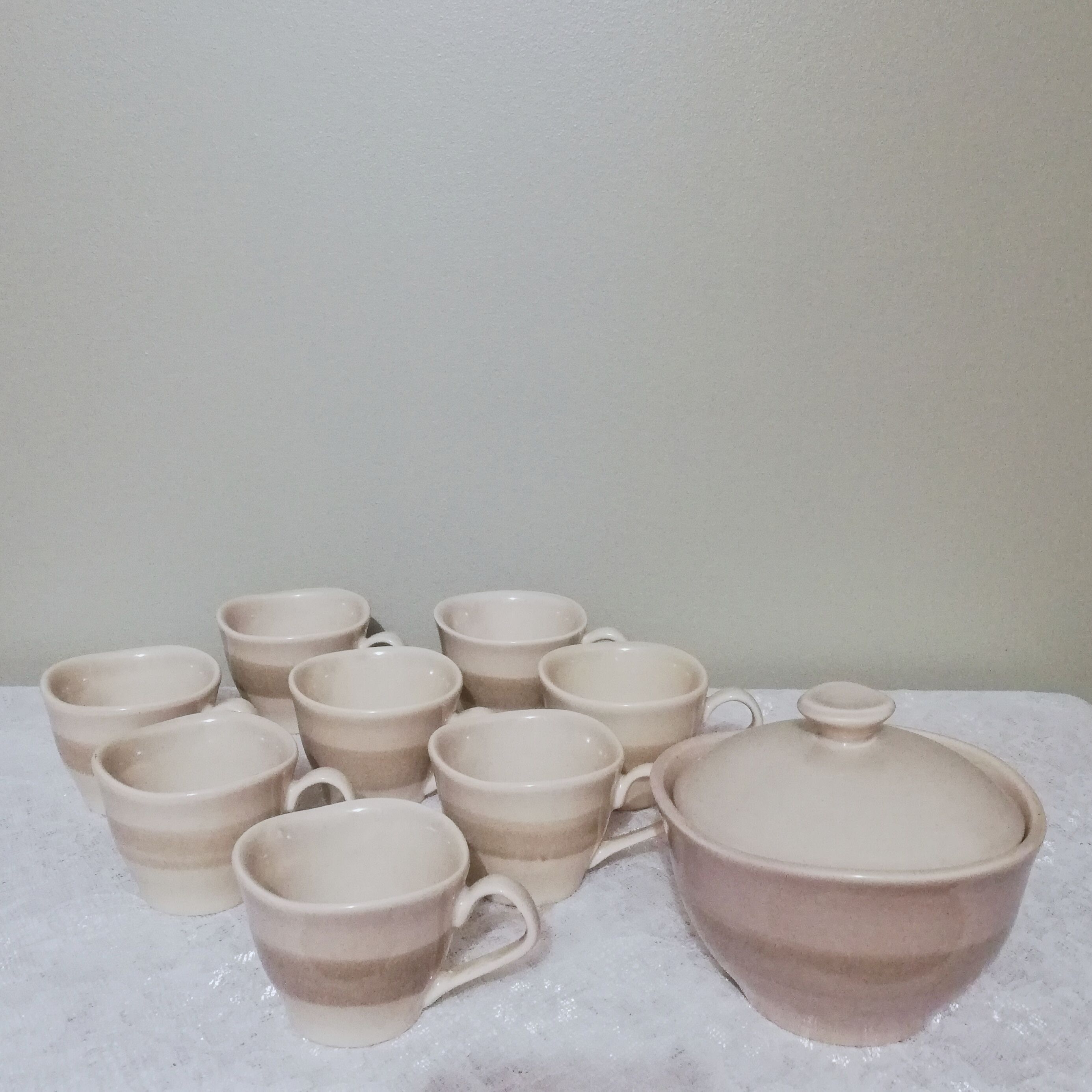 Coffee set 8 cups and sugar bowl from the earthenware factory of Pornic