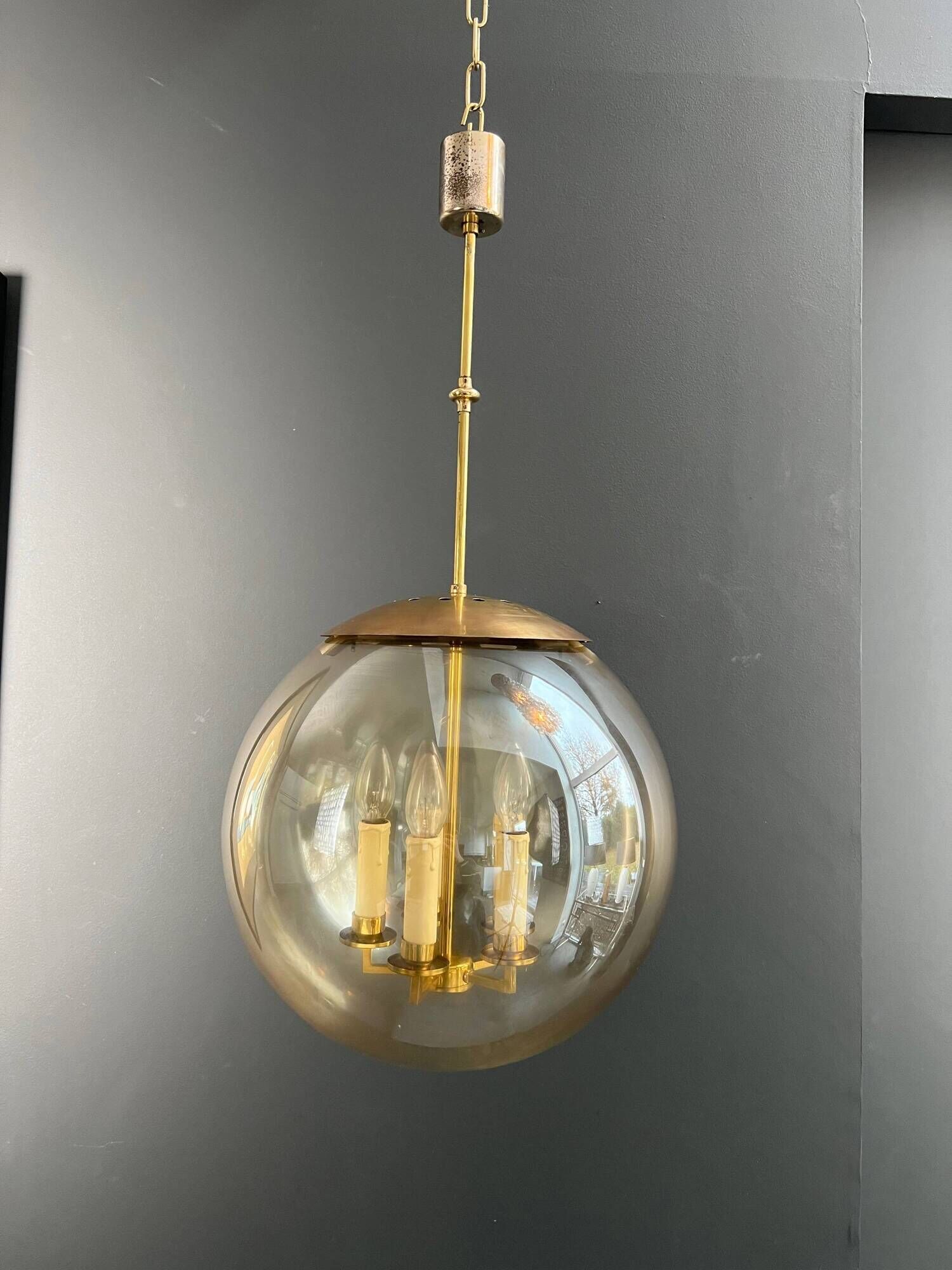 Smoked Glass and Brass Four-Light Suspension Pendant. French Work.