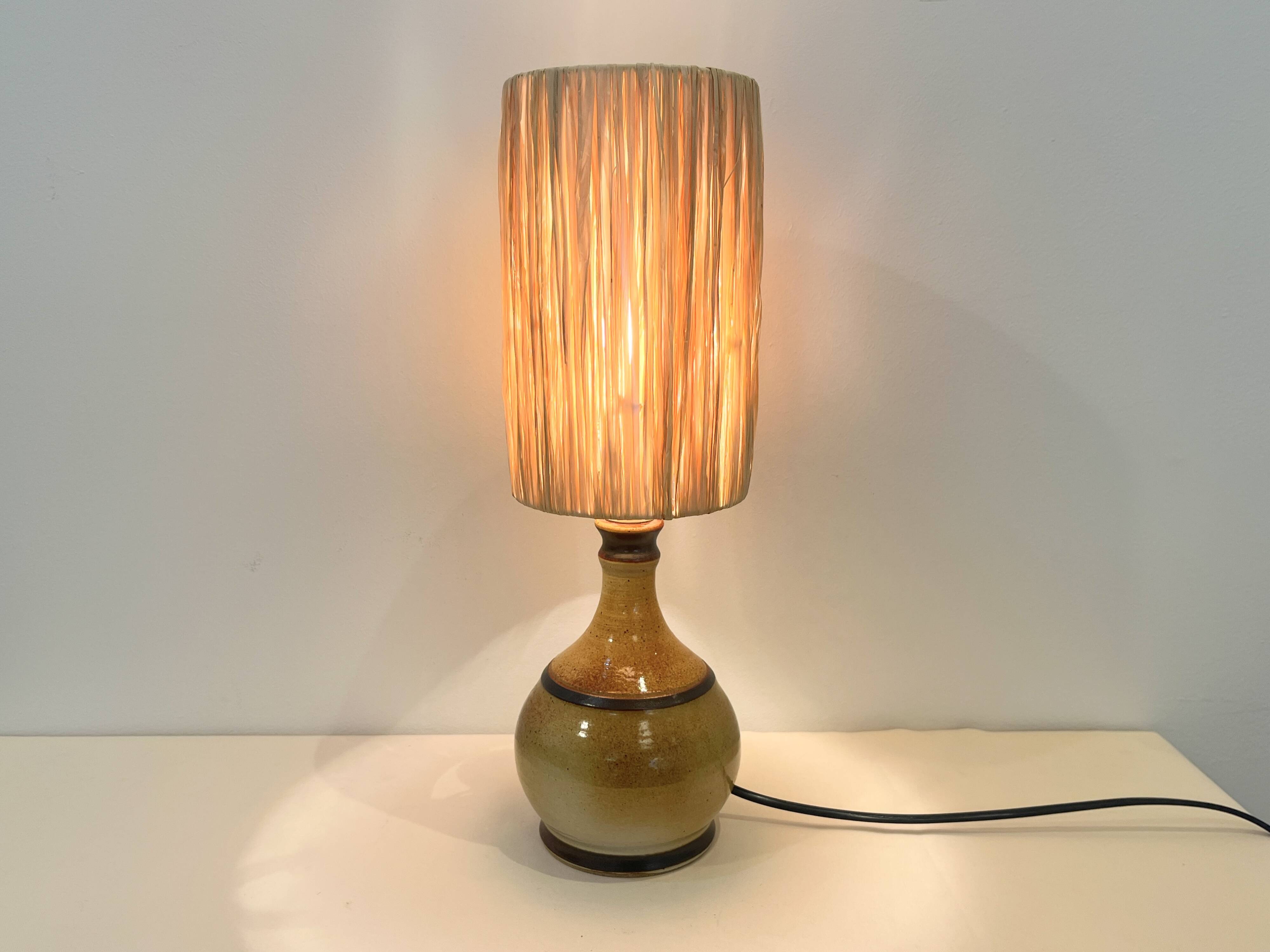 Vintage stoneware lamp signed beige brown raffia rope lampshade 1970