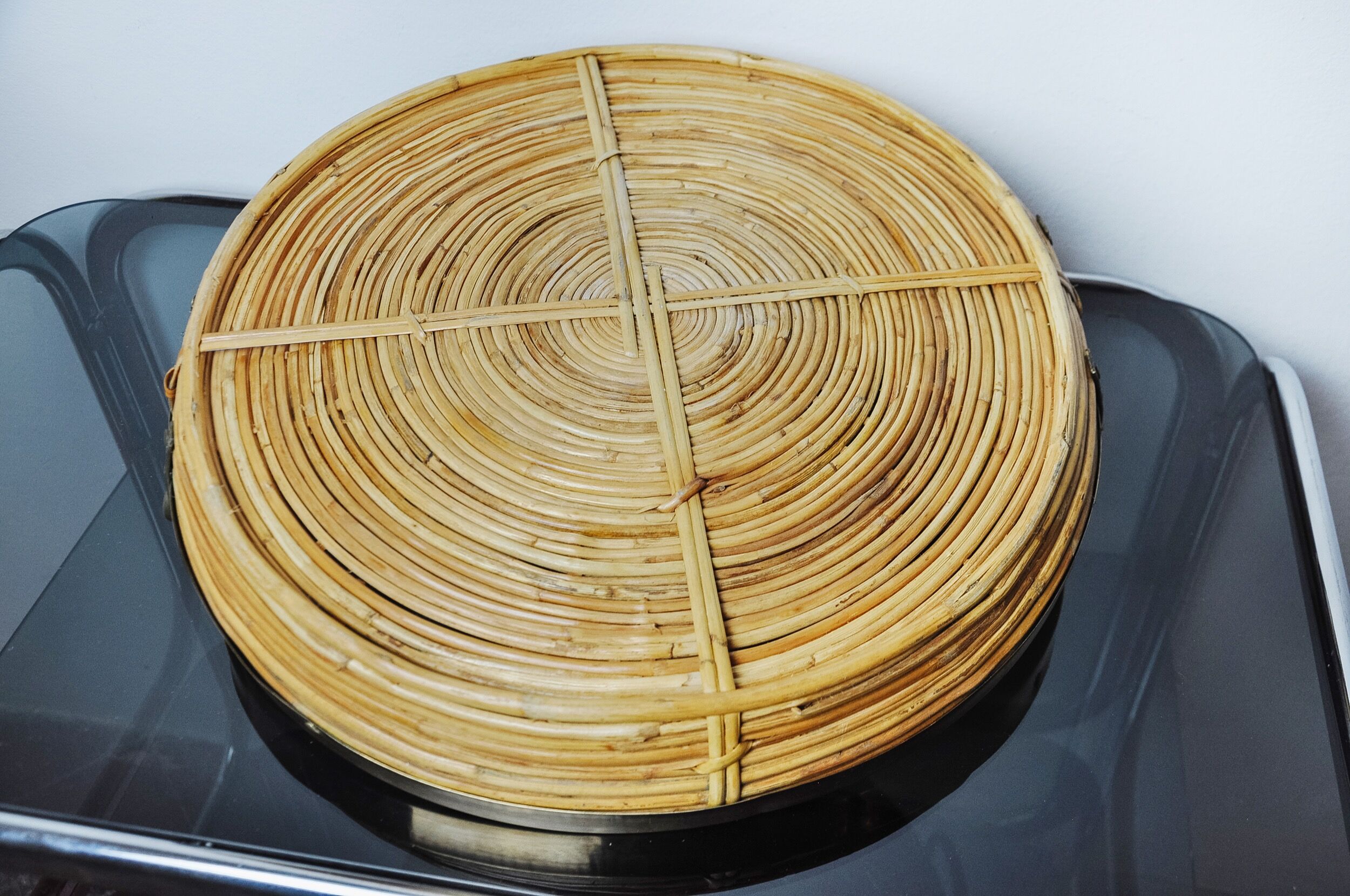 Rattan and brass basket, Italy, 1970