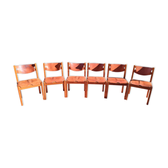 Série de 6 chaises en orme et cuir de la Maison Regain années 60