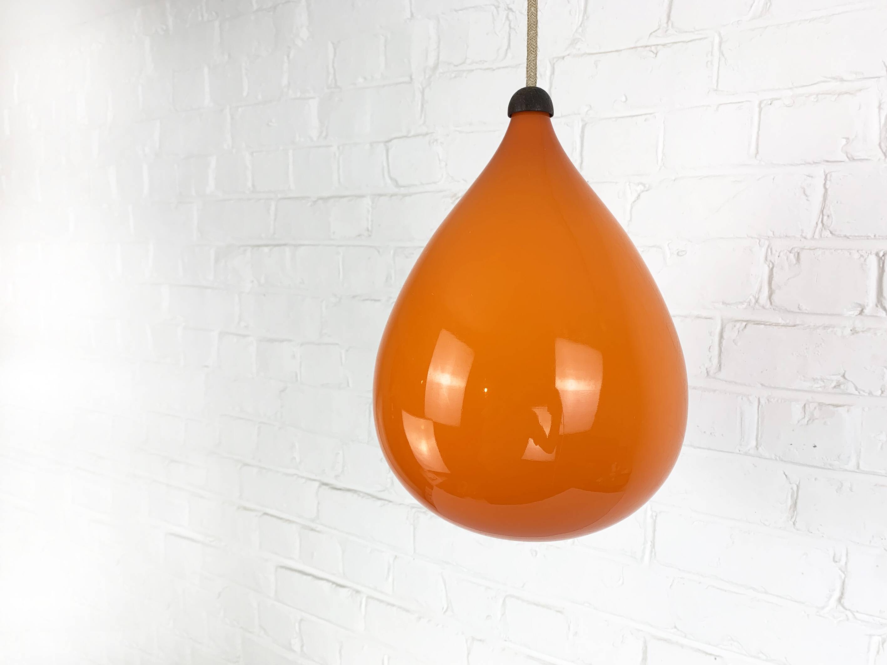 Scandinavian drop pendant light in orange, opaline and teak glass, 1960