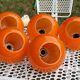 Set of 5 orange glass ball pendants from the 70s