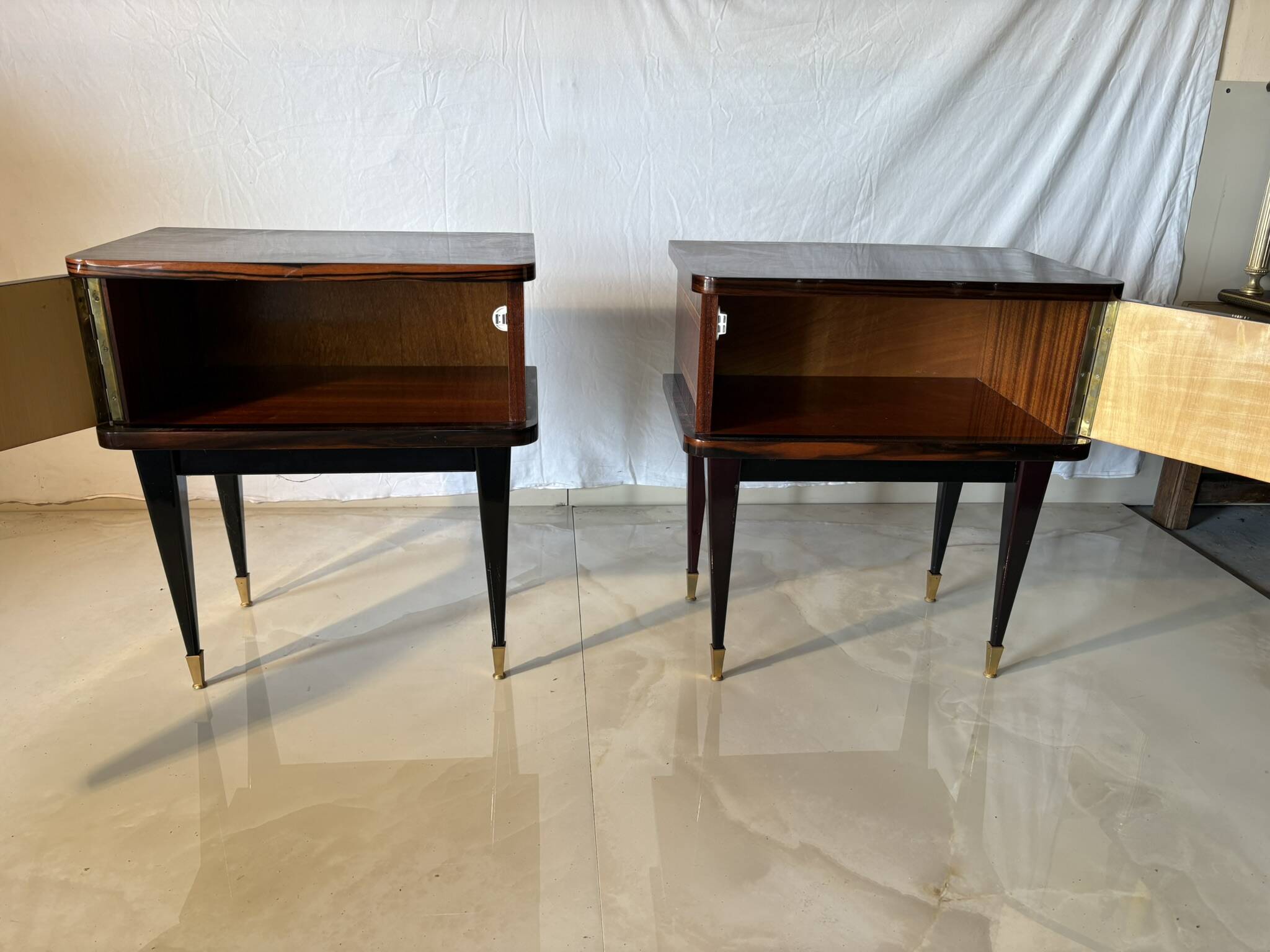 Pair of vintage bedside tables in marquetry wood – revisited Art Deco style