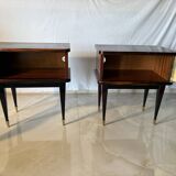 Pair of vintage bedside tables in marquetry wood – revisited Art Deco style