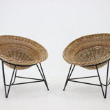 1960s pair of rattan woven basket chair with hairpin legs