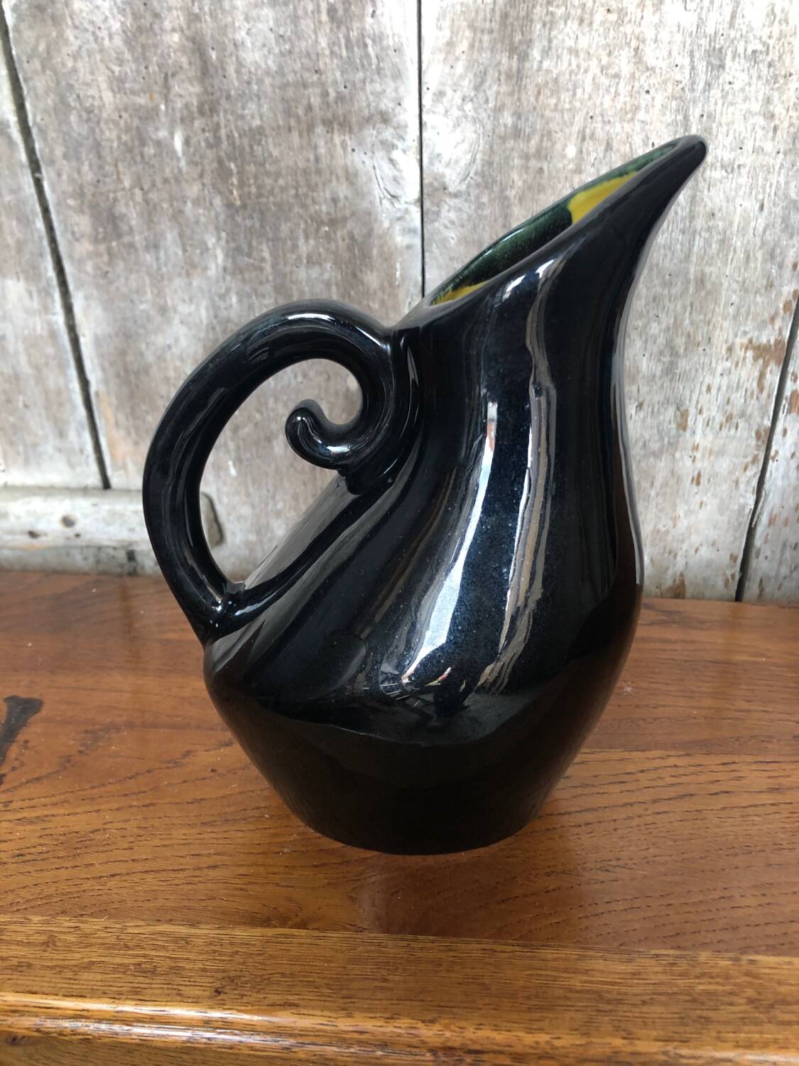 Old Black Enameled Porcelain Pitcher Blue Reflections Yellow Interior 50's #A759