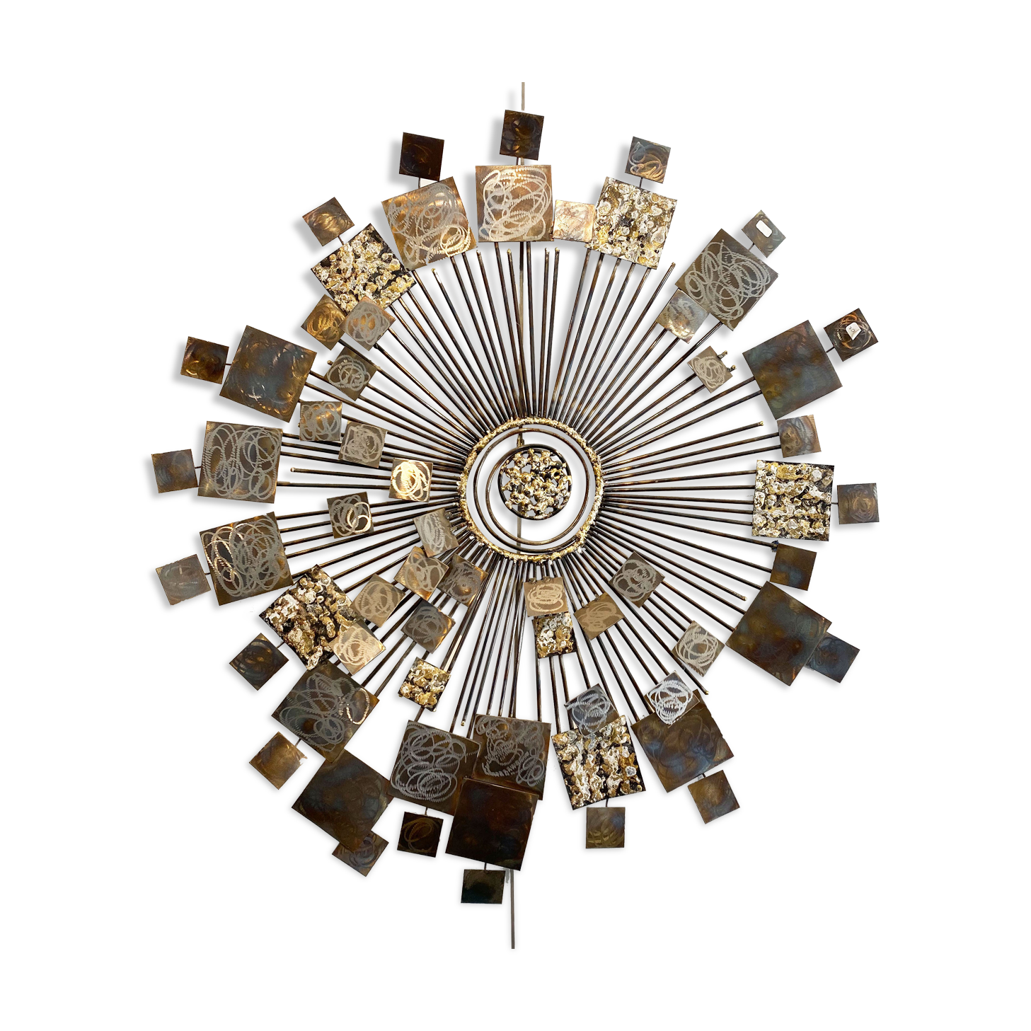 Brutalist Sunburst wall sculpture by Curtis Jere. USA, 2000s