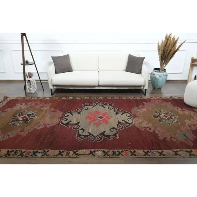1970s Vintage Turkish Oushak Handmade Wool Cotton Red Area Rug 190x375