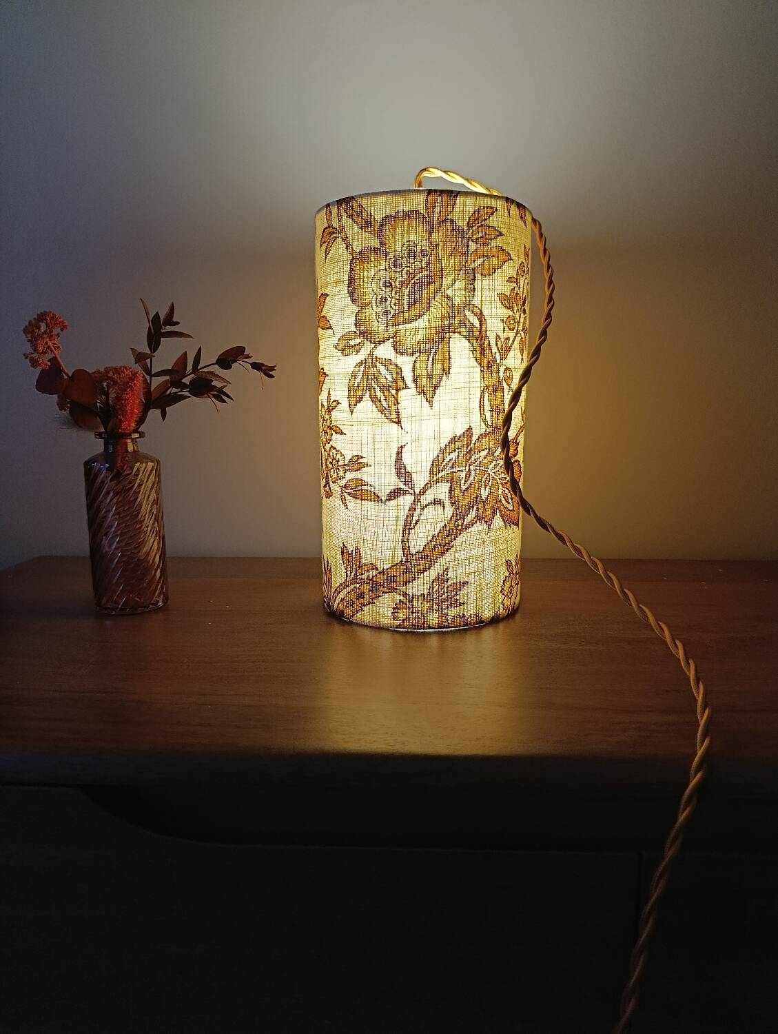 Vintage 1960s floral fabric portable lamp