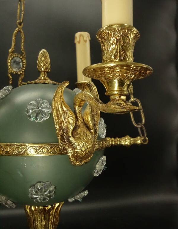 3-light chandelier with swan heads, Empire style - bronze & glass