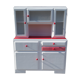 White mado buffet, red handles and tray, hen grill