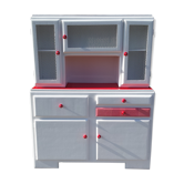 White mado buffet, red handles and tray, hen grill