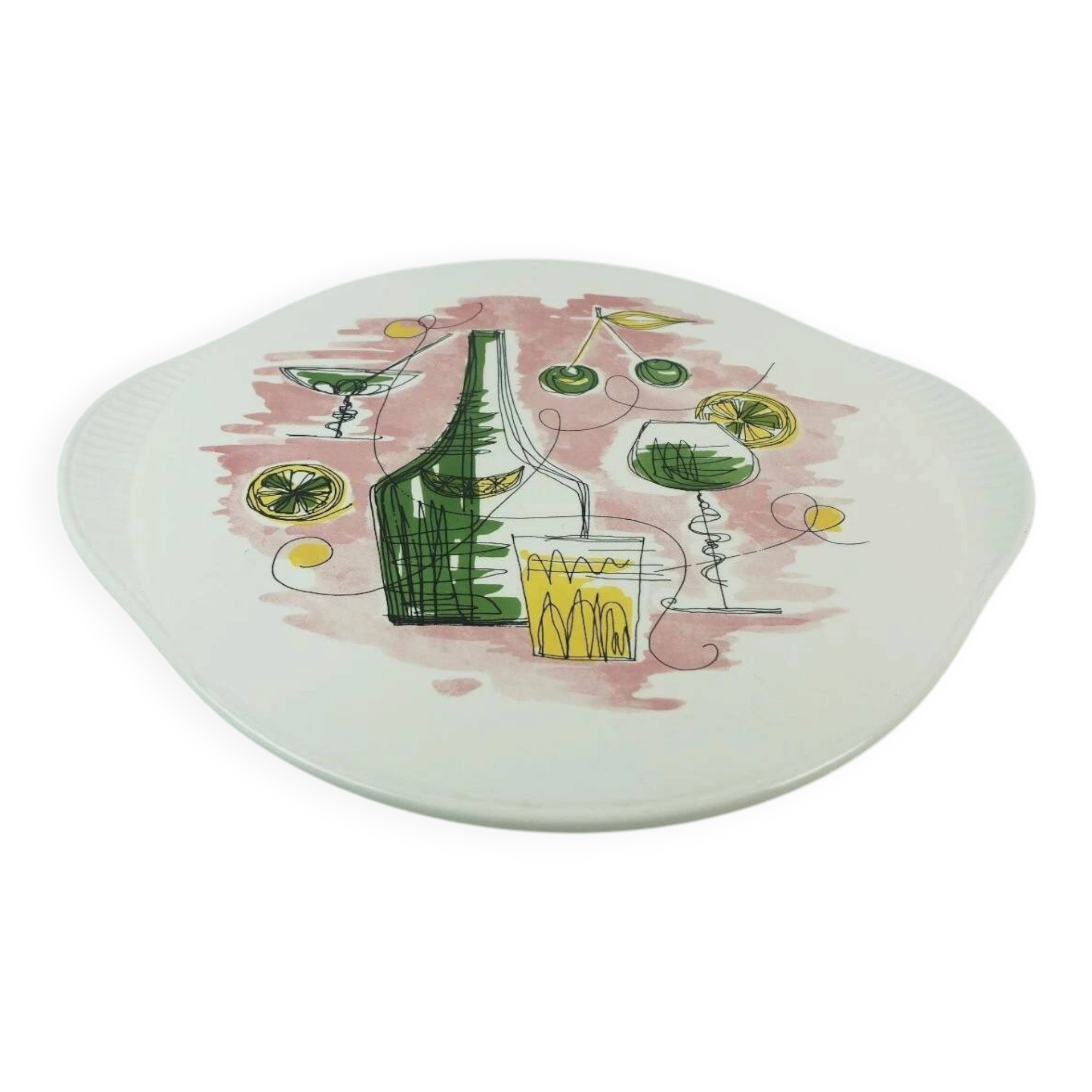 Assiette à gâteau des années 1950 avec de beaux décors de cocktail et de bar à grünstadt.