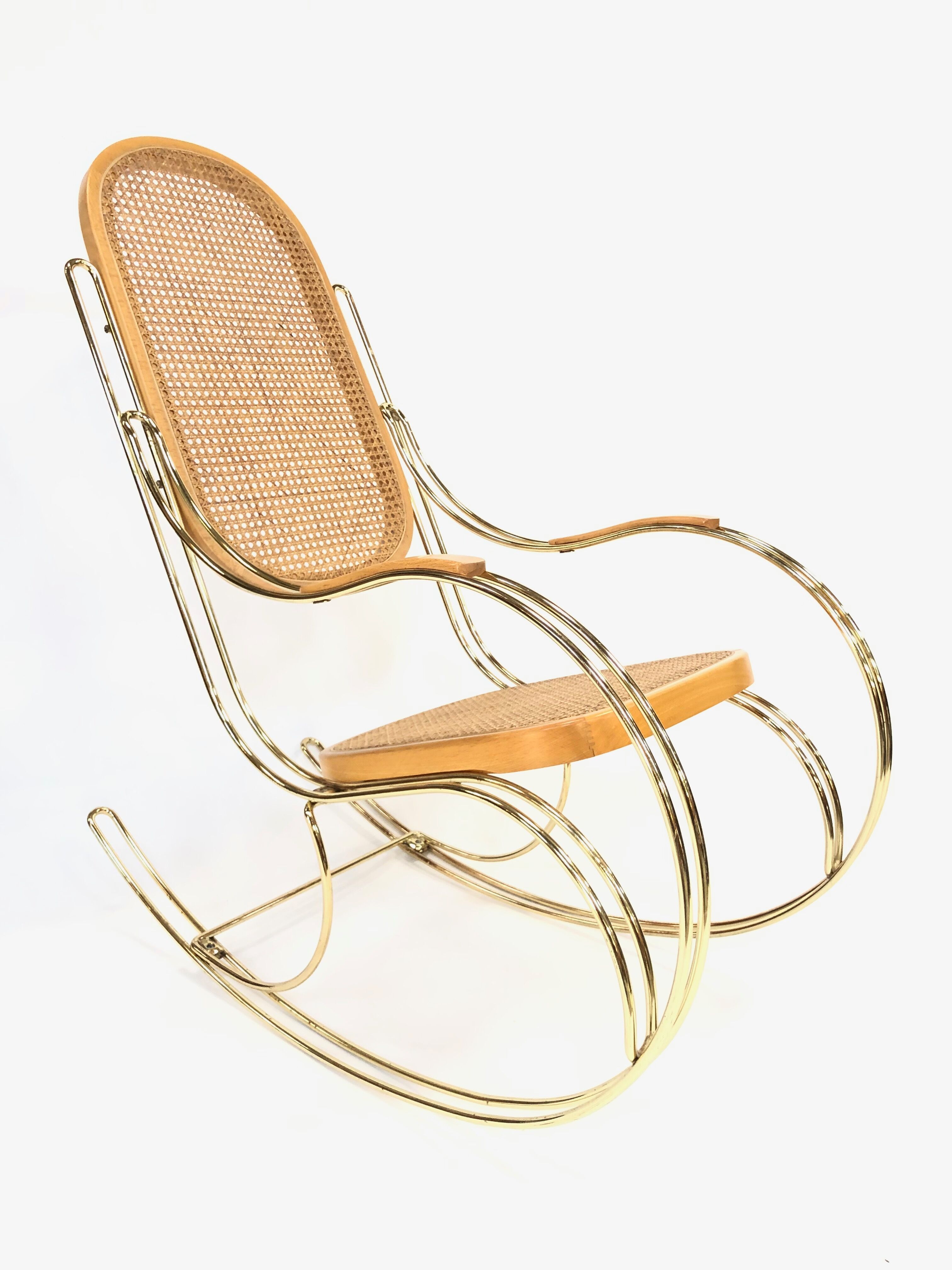 Vintage brass curved wooden rocking chair