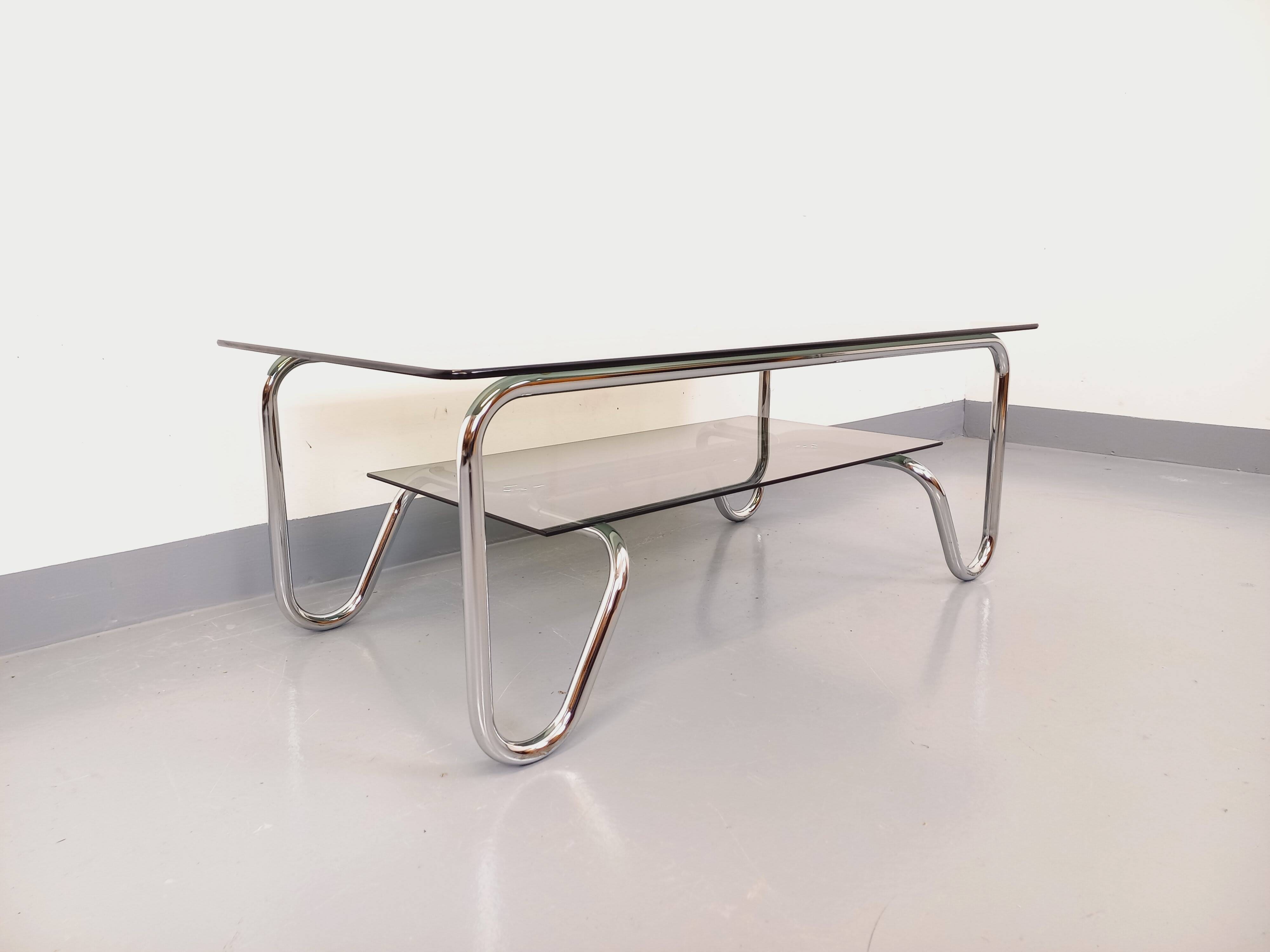 Vintage Italian rectangular coffee table with 2 smoked glass tops