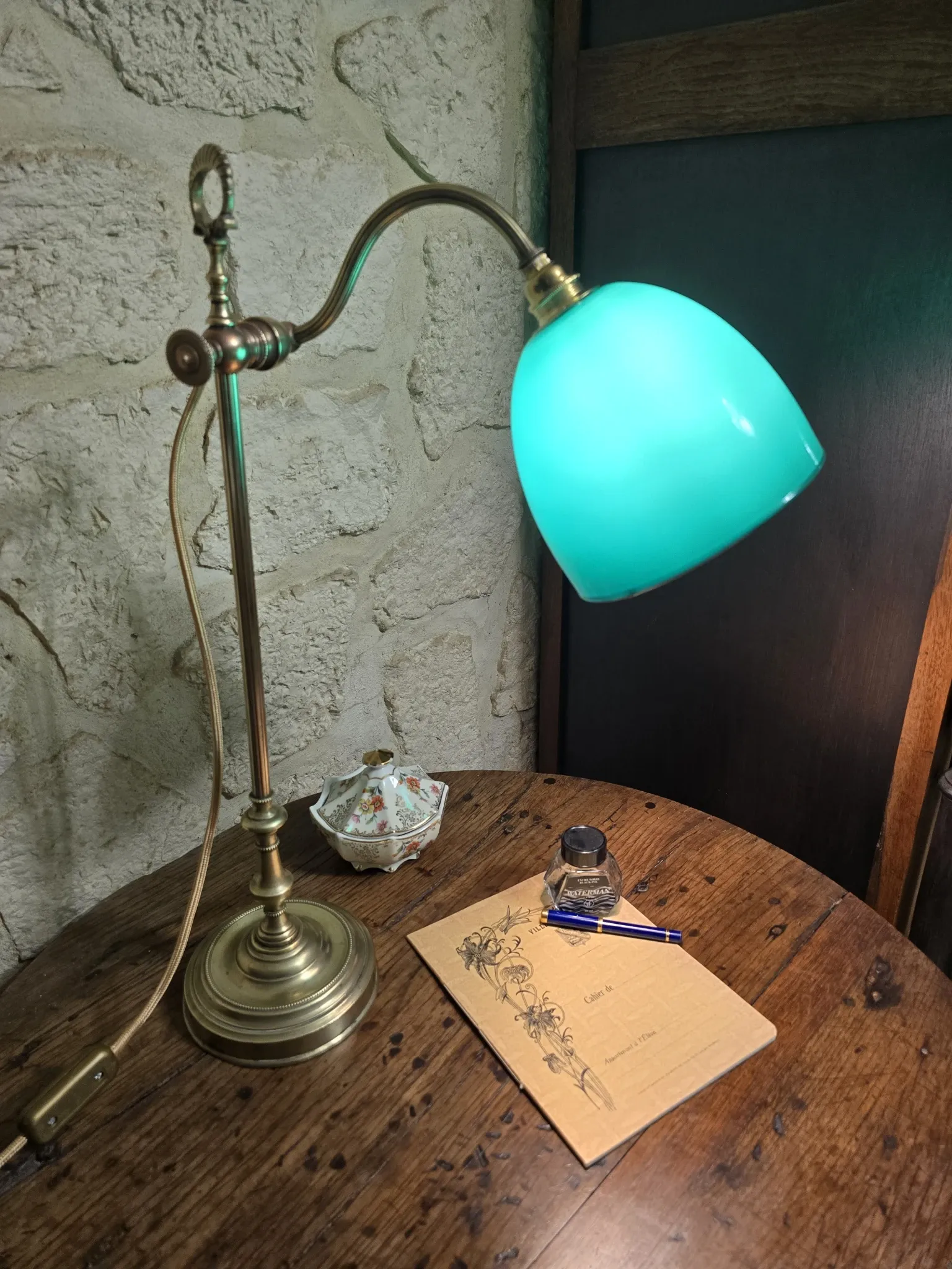antique brass desk lamp – green shade – adjustable arm