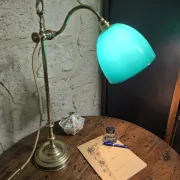 antique brass desk lamp – green shade – adjustable arm