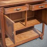 Vintage wooden serving sideboard, furniture with mirror, storage unit