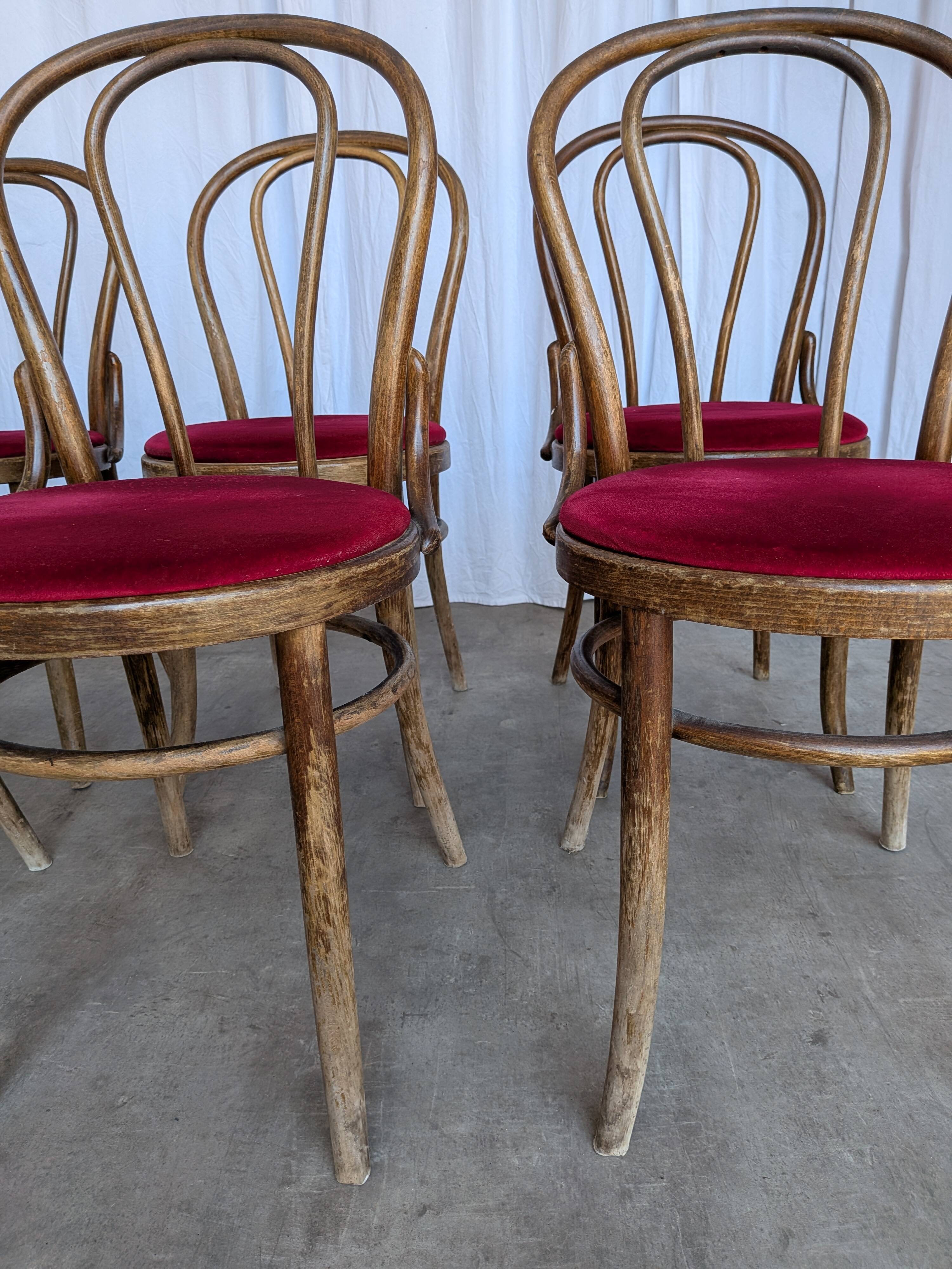 Set of 8 Vintage Bentwood Bistro Chairs: Red Upholstery