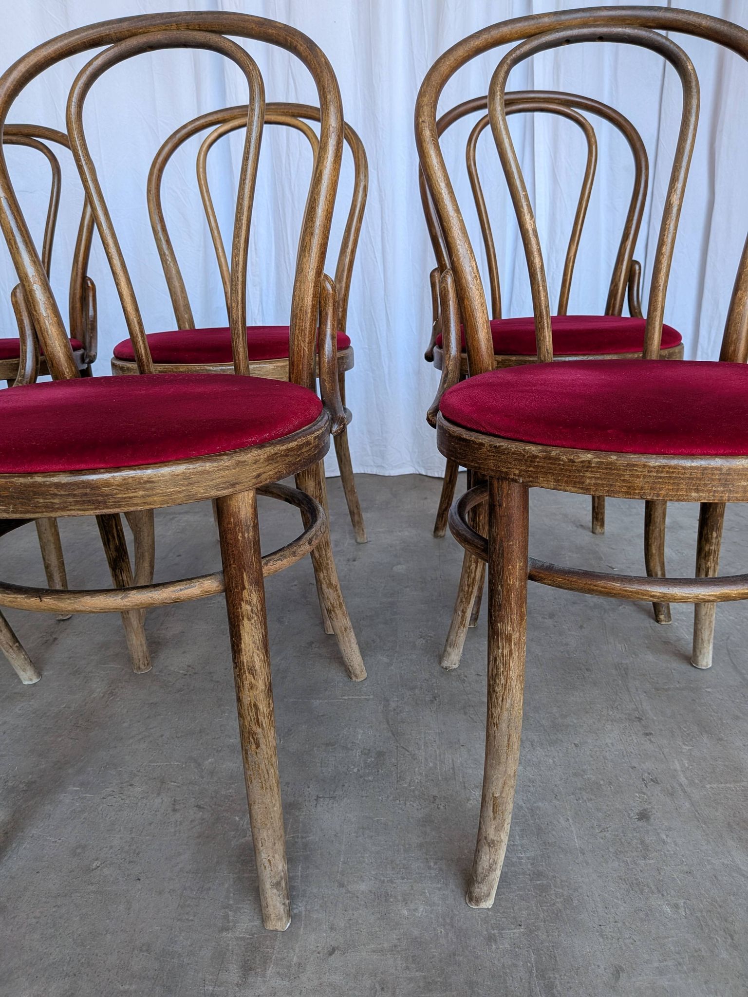 Set of 8 Vintage Bentwood Bistro Chairs: Red Upholstery