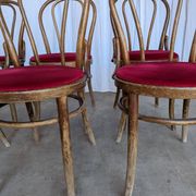 Set of 8 Vintage Bentwood Bistro Chairs: Red Upholstery
