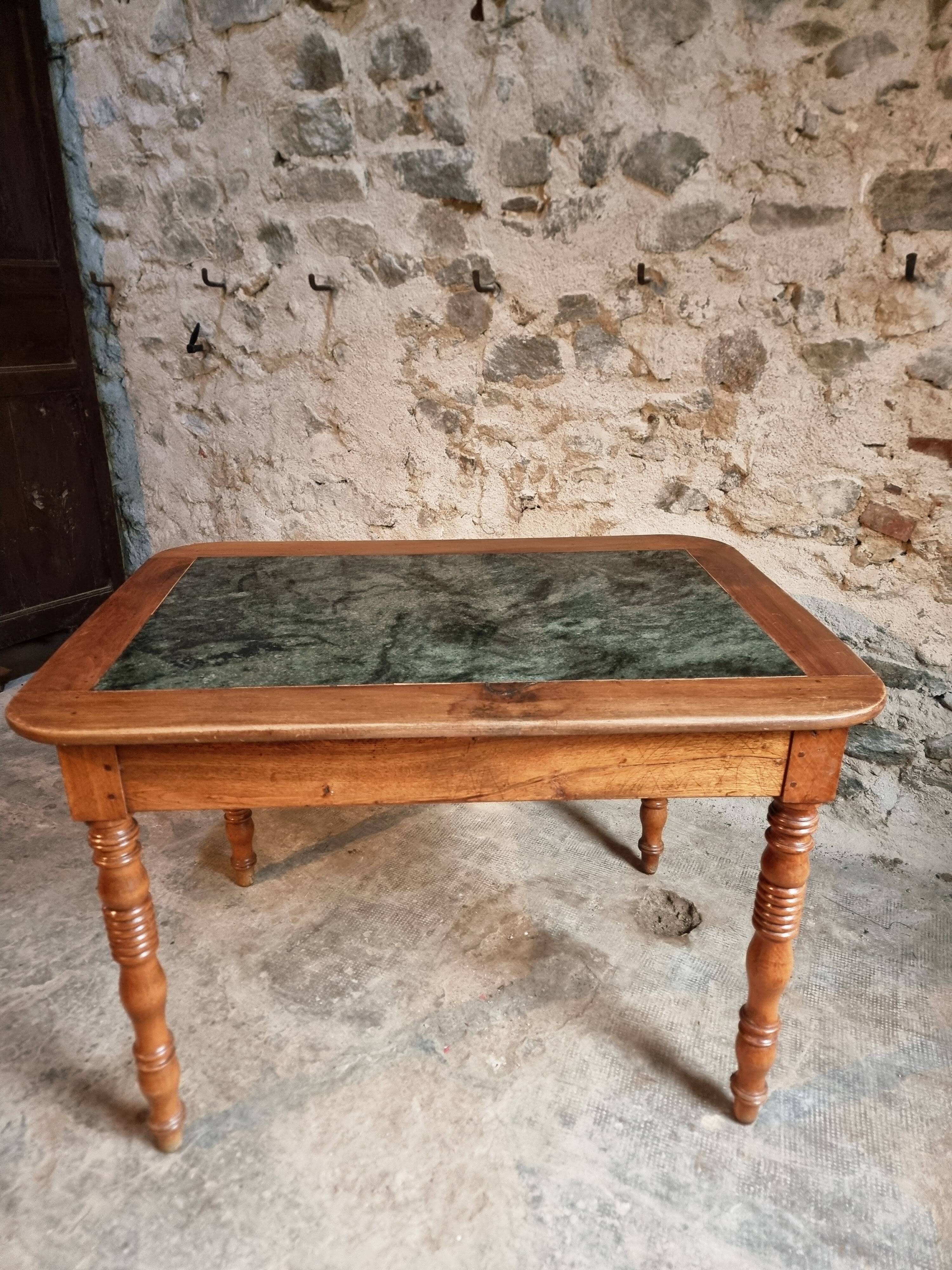French vintage dining/desk table – oak and walnut – marble top – 1960s writing table with drawer