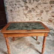 French vintage dining/desk table – oak and walnut – marble top – 1960s writing table with drawer