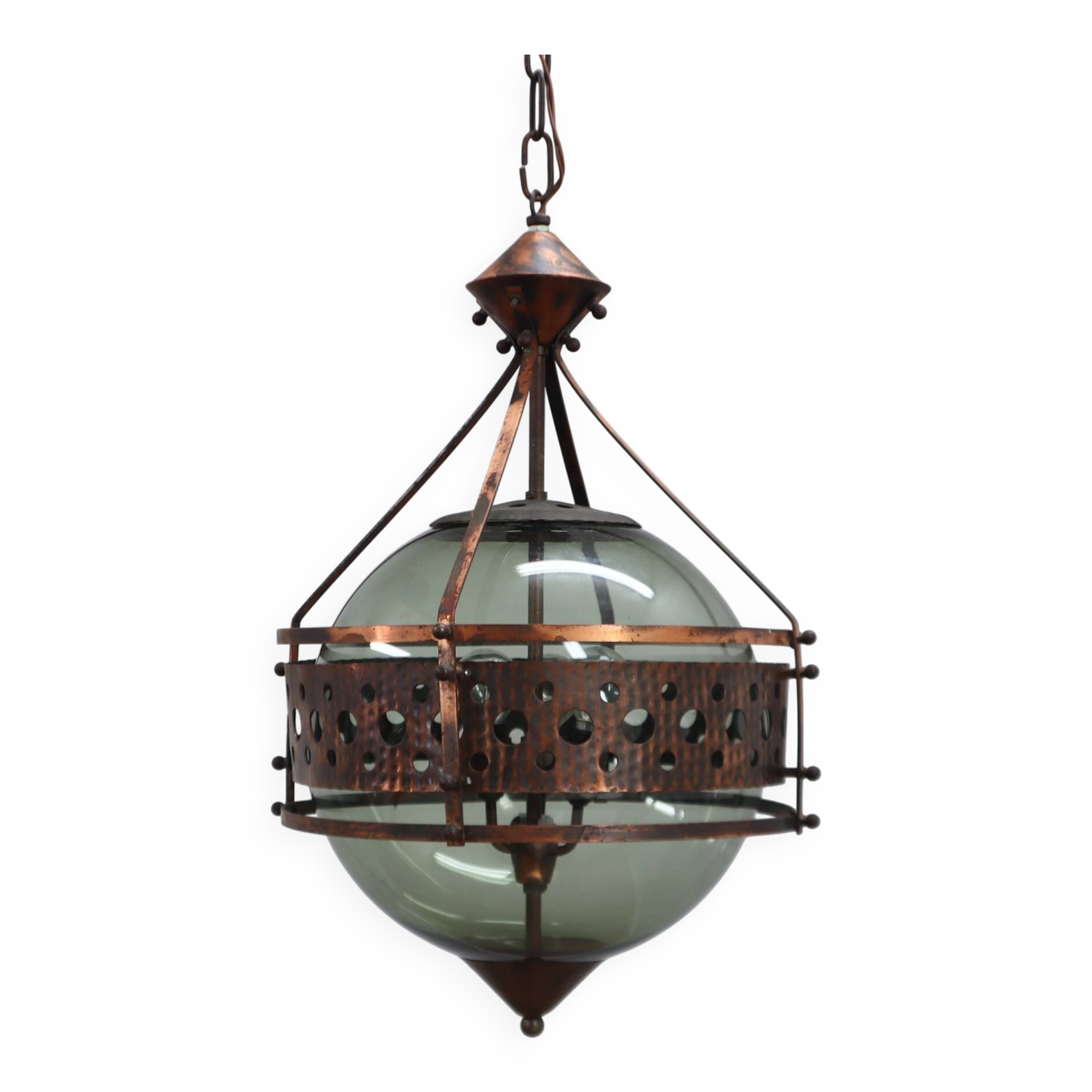 Pair of 1970s Brutalist Copper and Blown Glass Green Bottle Pendant Lamps