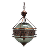 Pair of 1970s Brutalist Copper and Blown Glass Green Bottle Pendant Lamps