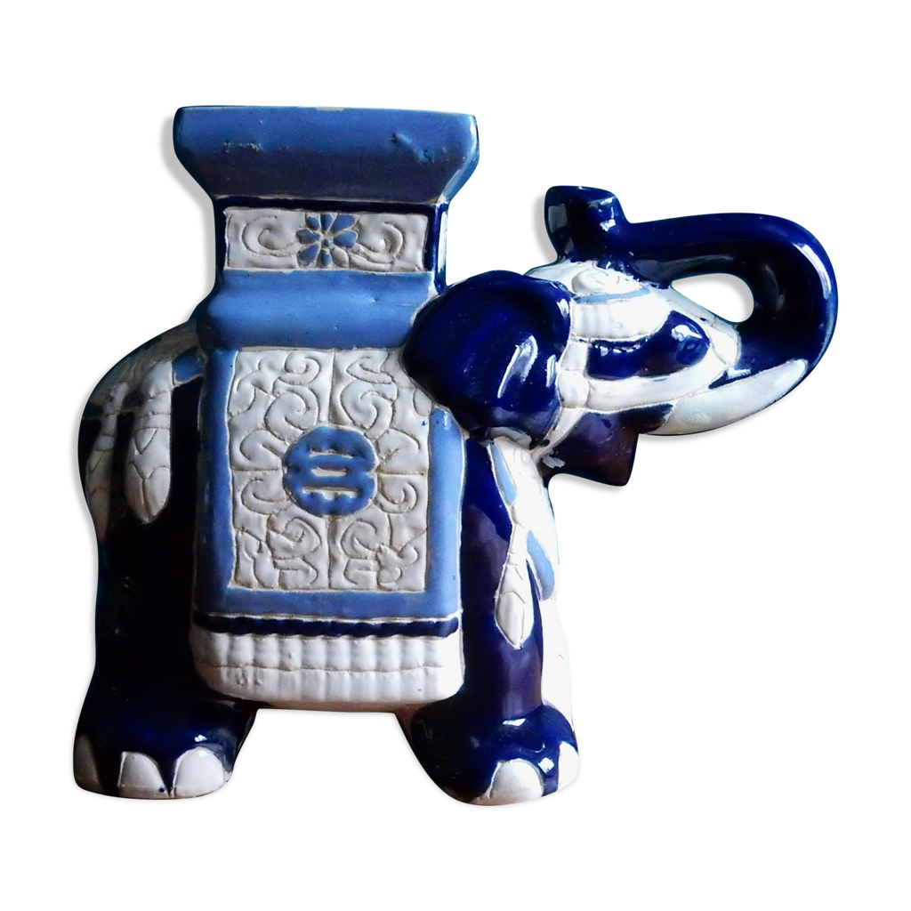 Sculpture Éléphant En Céramique Polychrome Bleue – Porte-plante Ou Cendrier – Vintage France