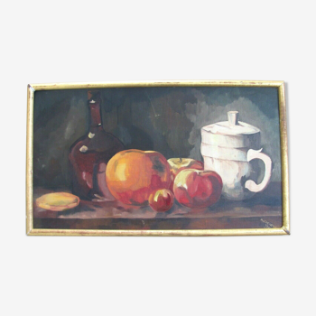 Nature morte, fruits et céramiques, cadre doré