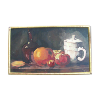 Nature morte, fruits et céramiques, cadre doré
