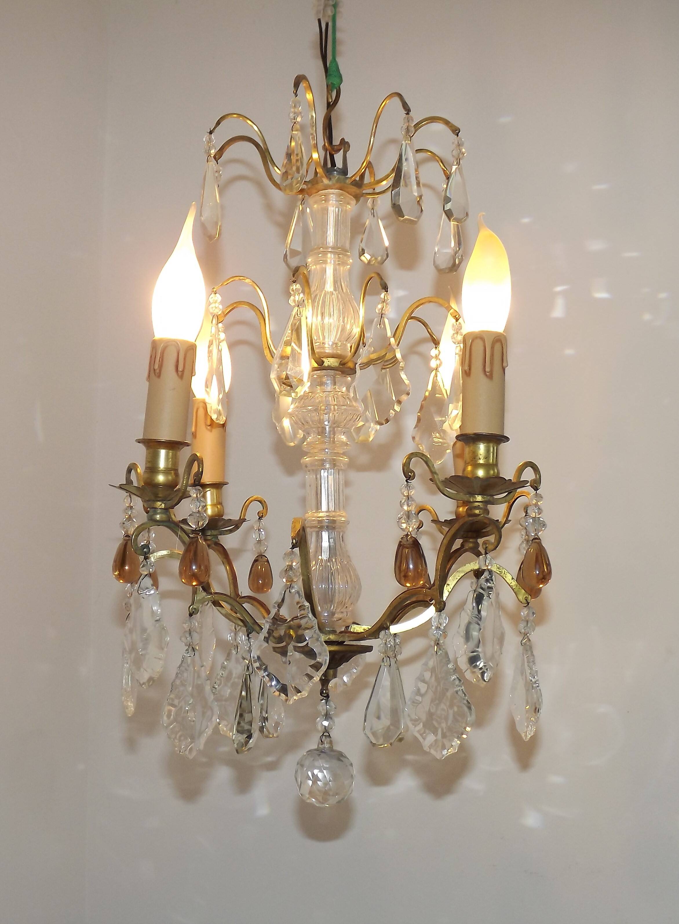 French vintage brass glass crystal 4 light chandelier with Murano droplets 4991