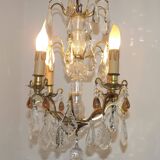 French vintage brass glass crystal 4 light chandelier with Murano droplets 4991