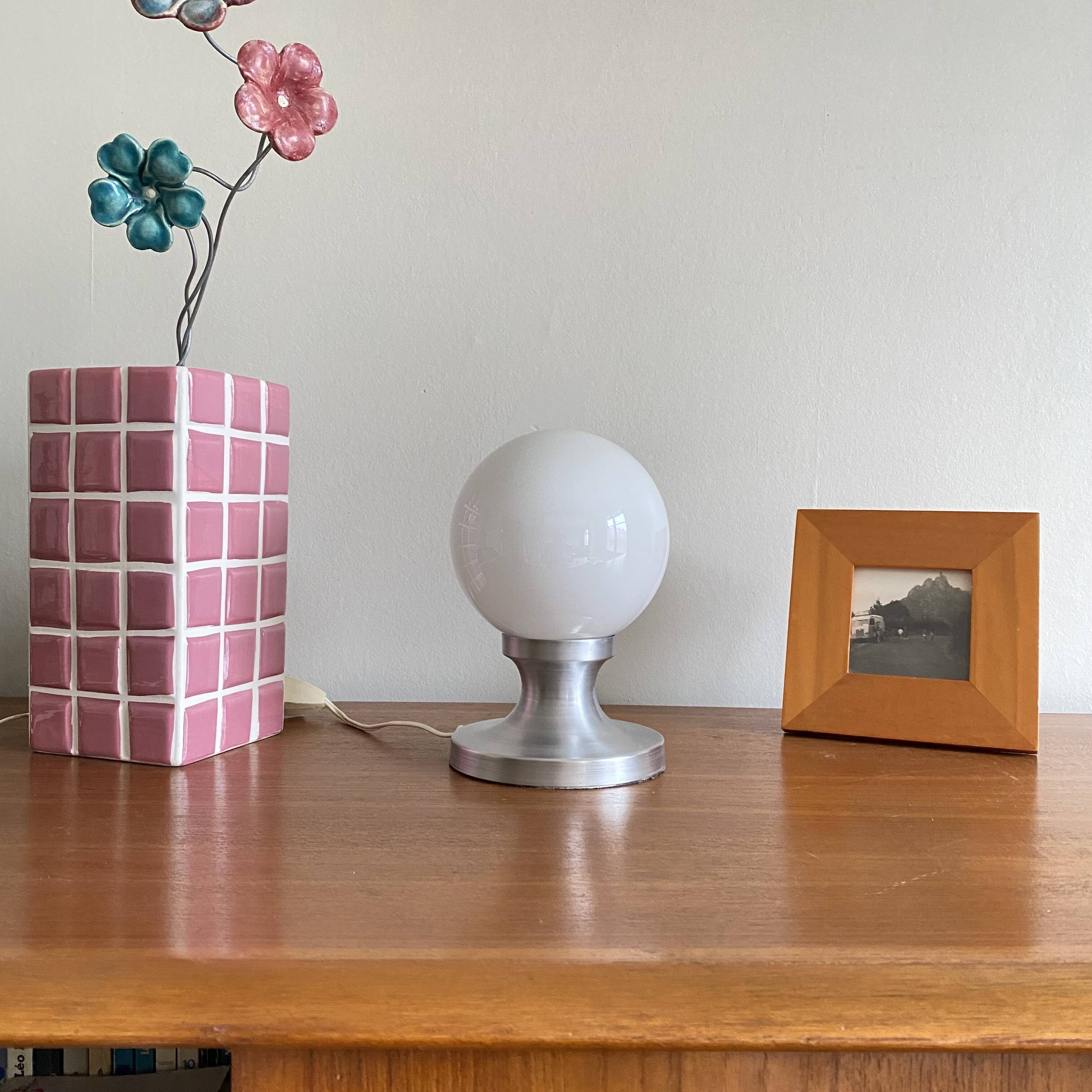 Small vintage table lamp in aluminum and white opaline glass globe LAMP-7362