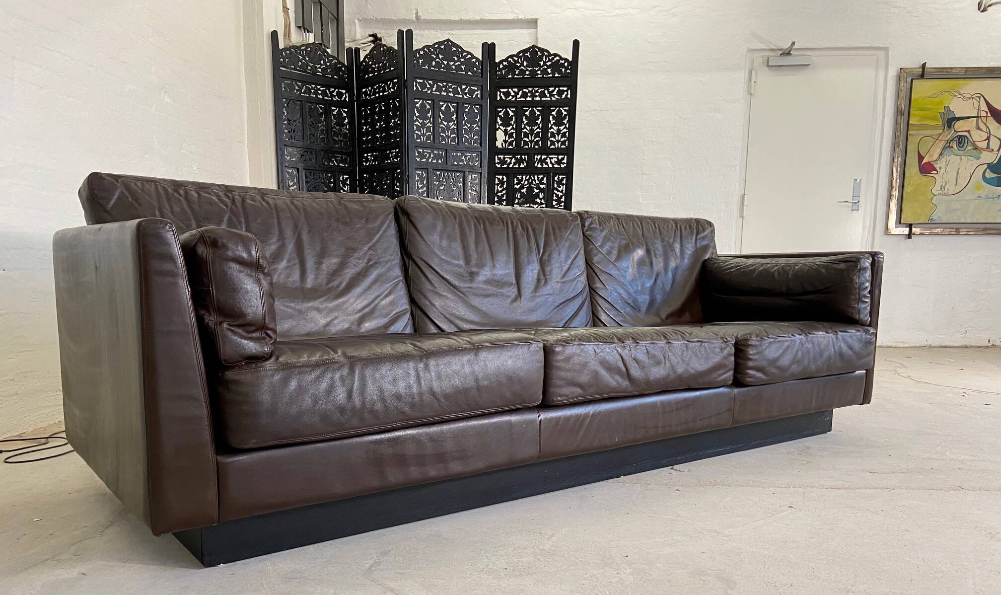 Vintage danish mid-century 3 person brown leather sofa by georg thams 1960s