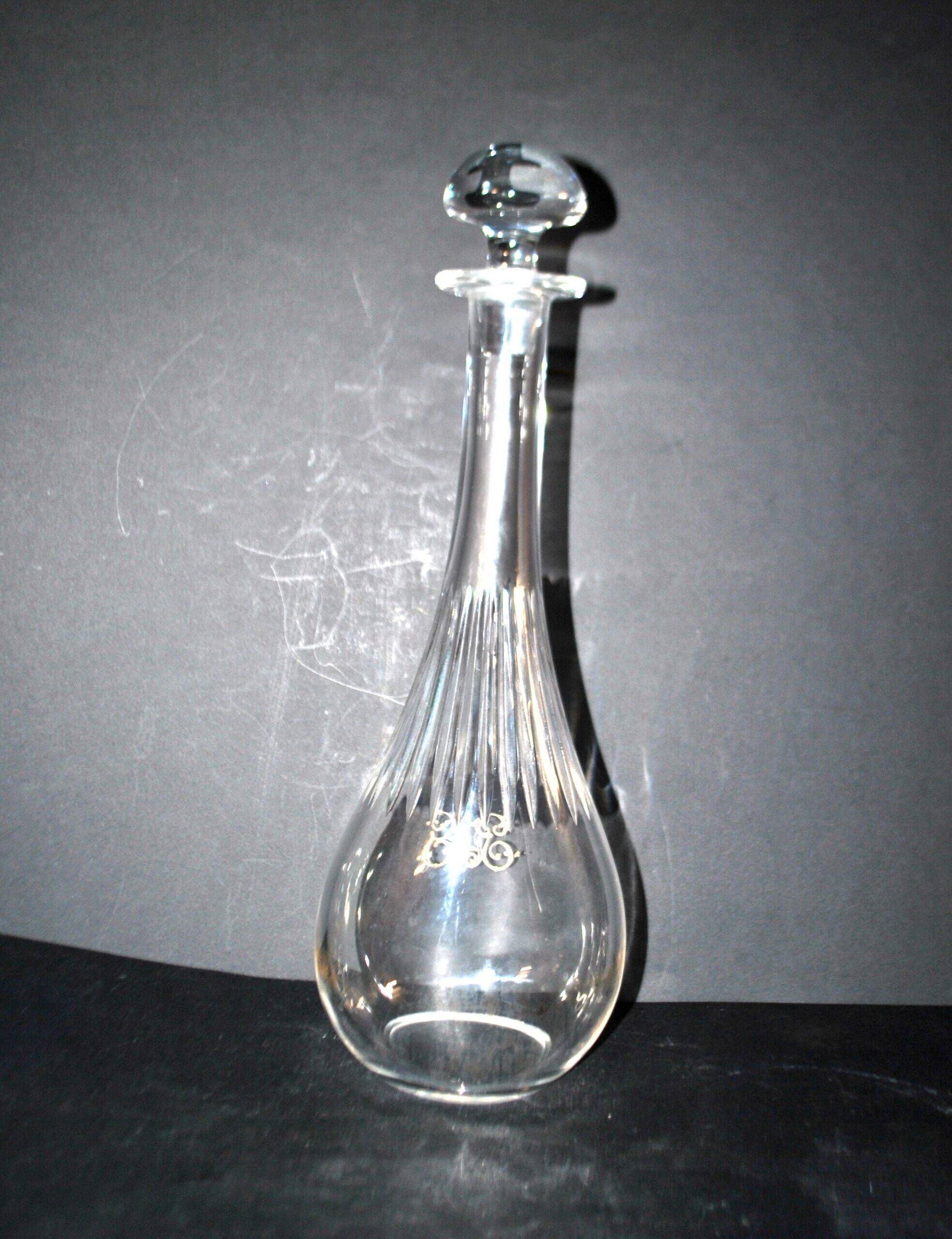 Carafe ancienne en cristal taillé et gravure dorée monogramme RG H33.5cm