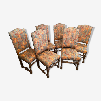 Suite de 6 chaises à haut dossier en hêtre massif de style Louis XIII