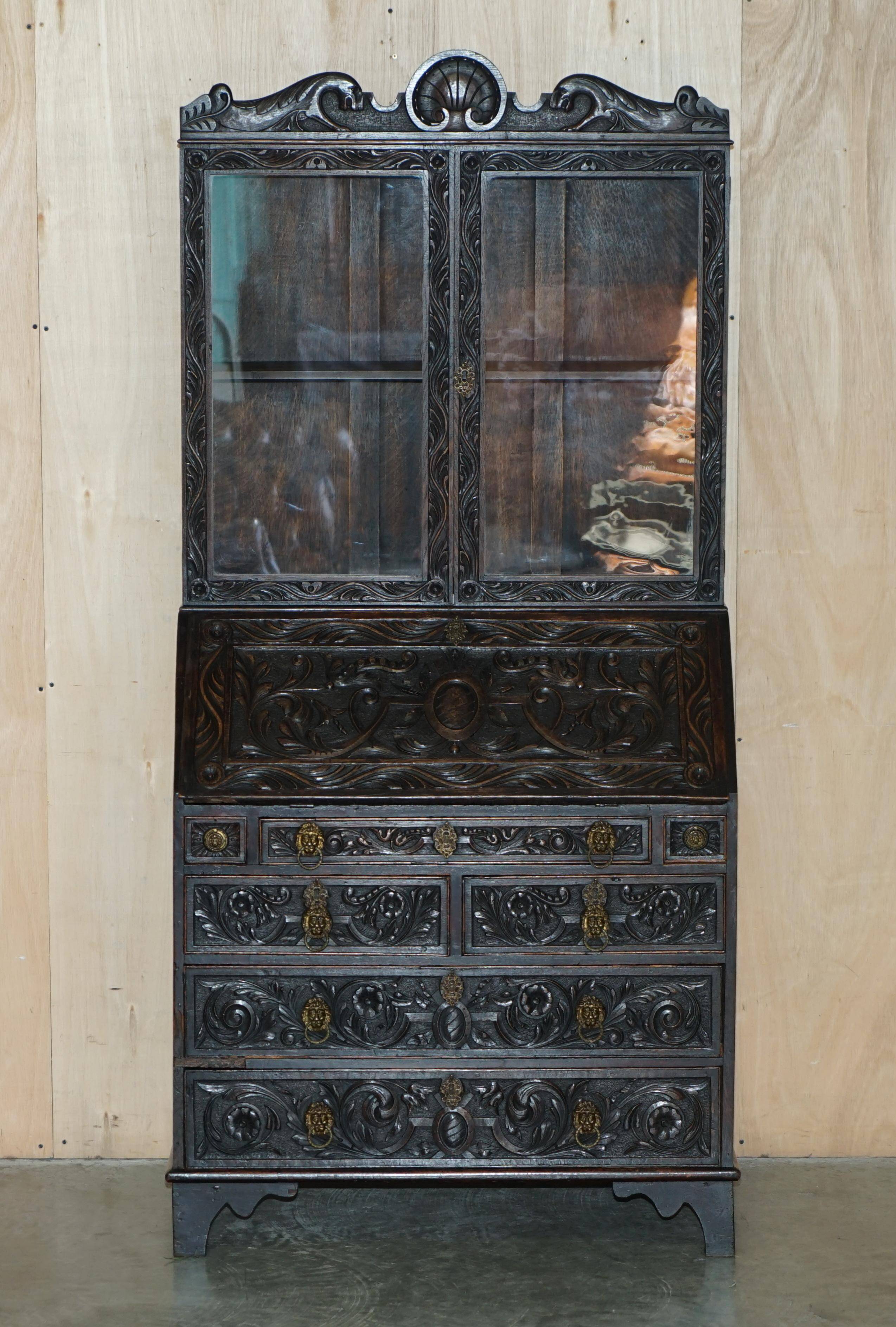 Library Desk in Carved Oak with Brass Handles