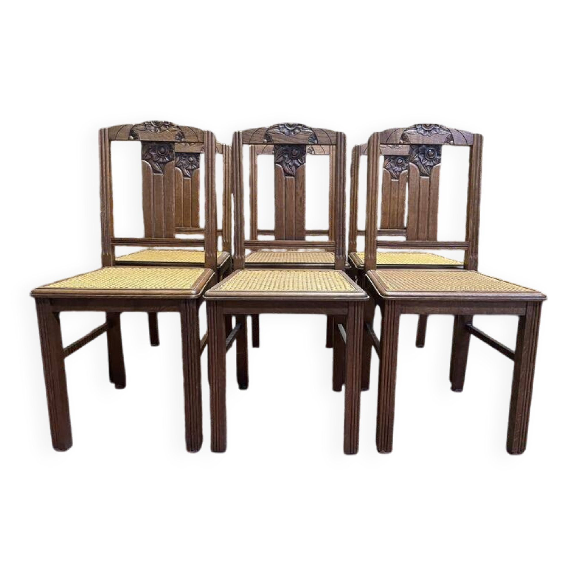 Set of 6 Art Deco chairs in oak and cane - caned