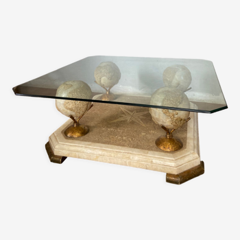 Table basse design années 70-80 en verre et albâtre
