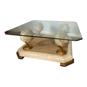 Table basse design années 70-80 en verre et albâtre
