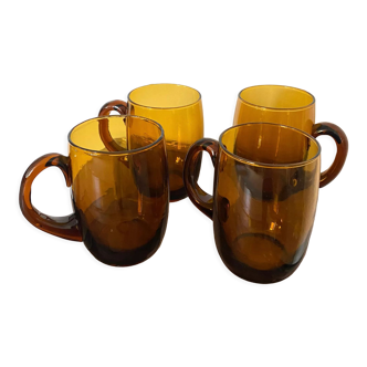 4 vintage amber glass mugs