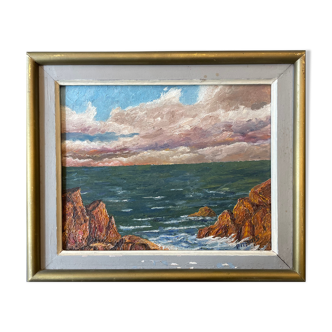 Tableau peinture ancienne paysage marin XXe Marine