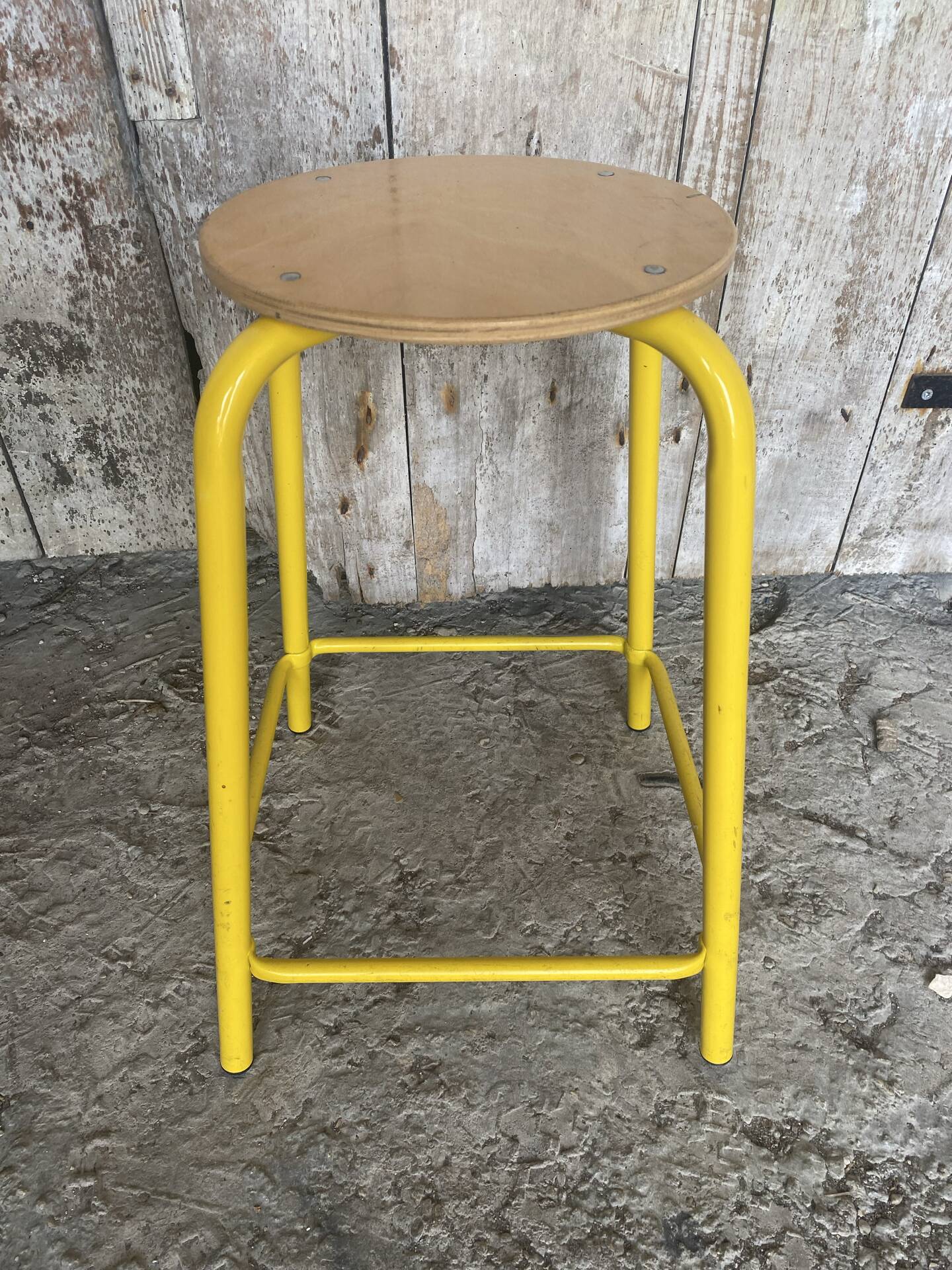 Vintage Industrial Stool Yellow Metal Tube + Wooden Seat