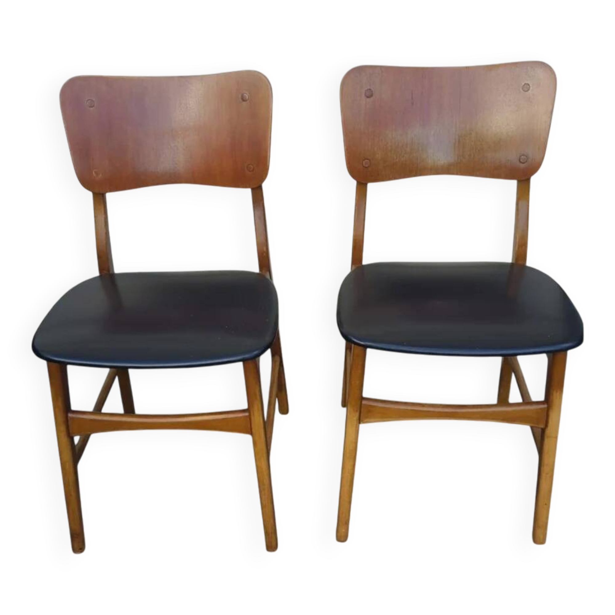 Set of 2 vintage Scandinavian chairs in teak and black faux leather by Kofod-Larsen, Denmark, 1960s.