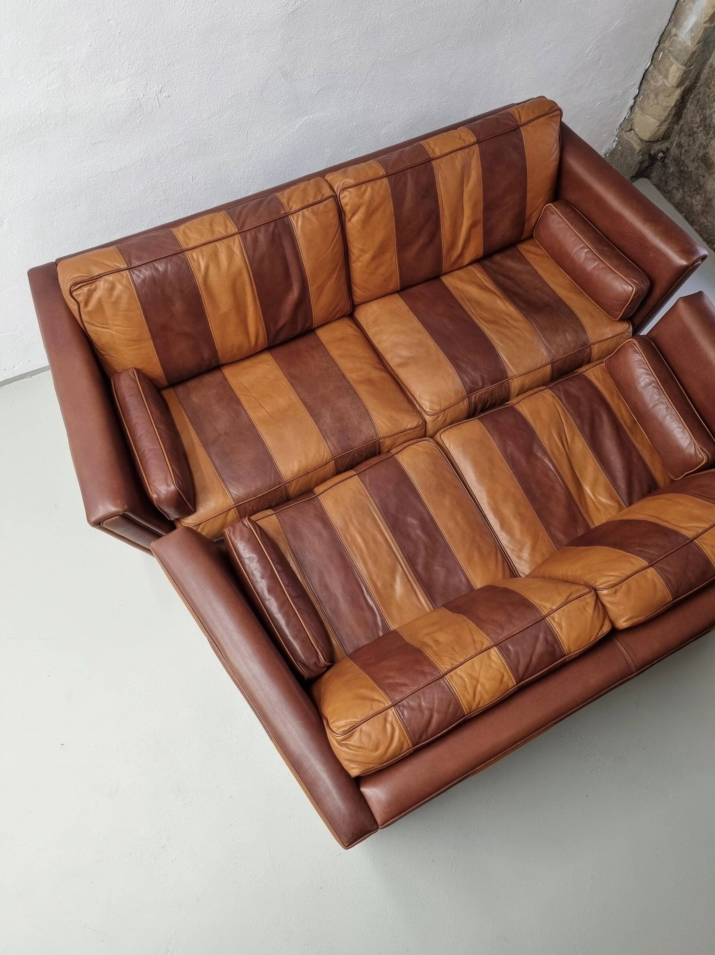 Vintage striped brown orange leather sofa (210 cm x 88 cm)