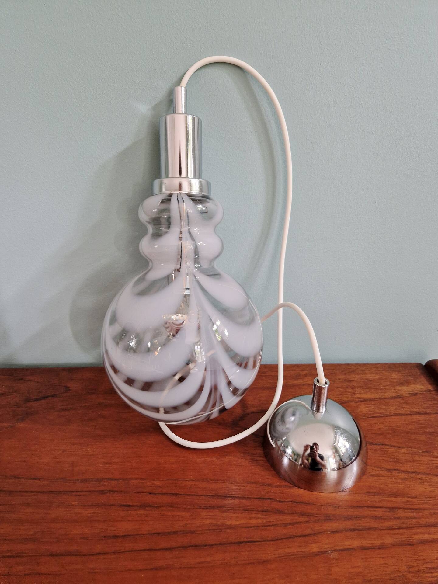 Smoked Murano glass pendant with white spirals, 1970s